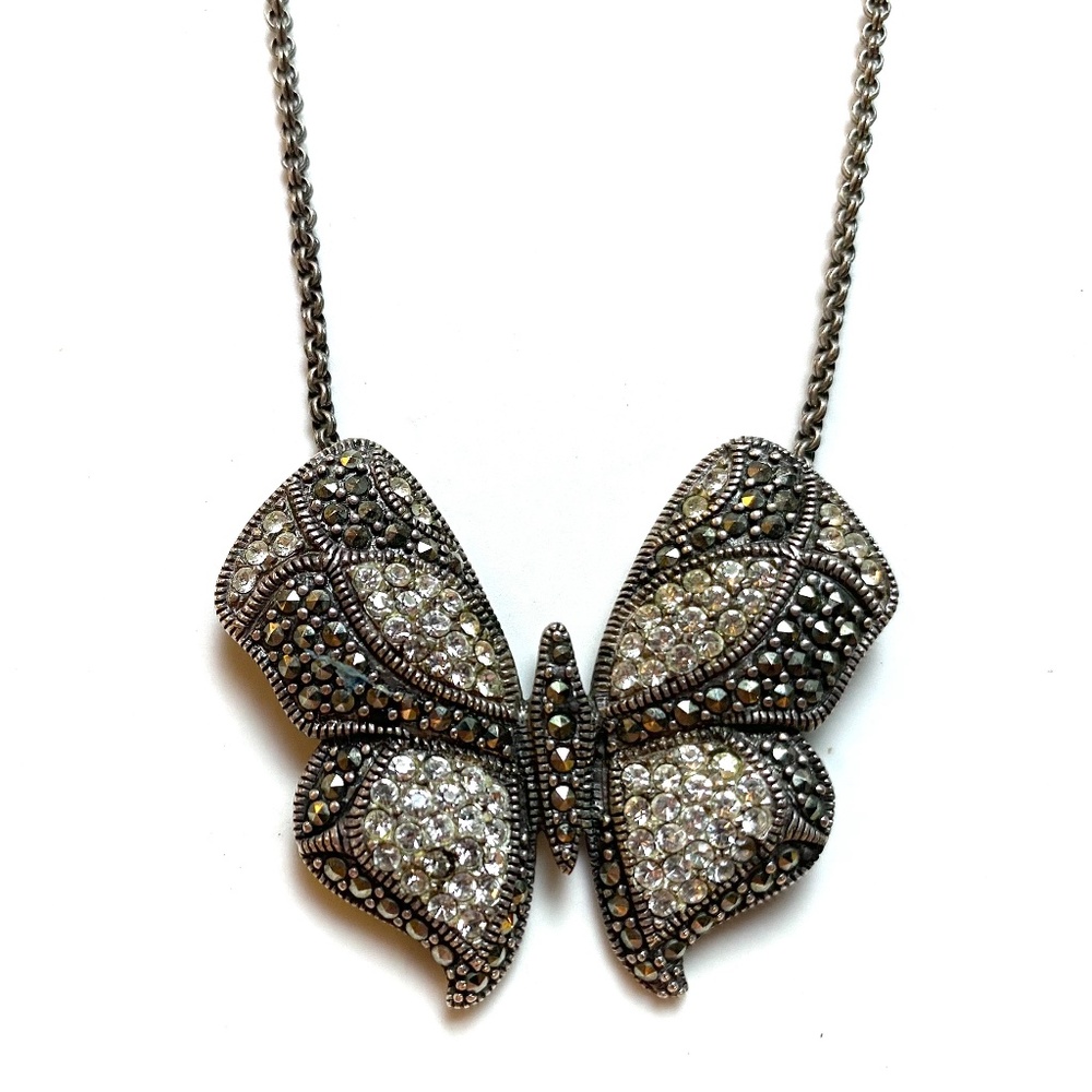 Sterling Silver Marcasite Butterfly Necklace With Crystal Accents